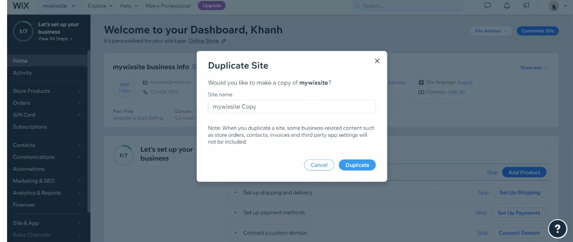 Choose a name for the duplicate site and select Duplicate